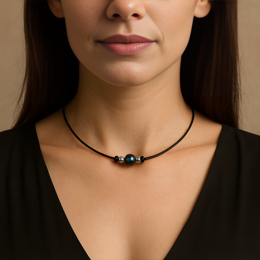 Schwarze Tahiti-Perlen Halskette – Ziegenleder & 925 Silber (9mm)