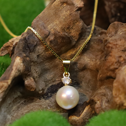 Perlenkette – echte Süßwasserperle 8–9 mm AAA+ mit Zirkonia | 925 Sterling Silber / 14K vergoldet