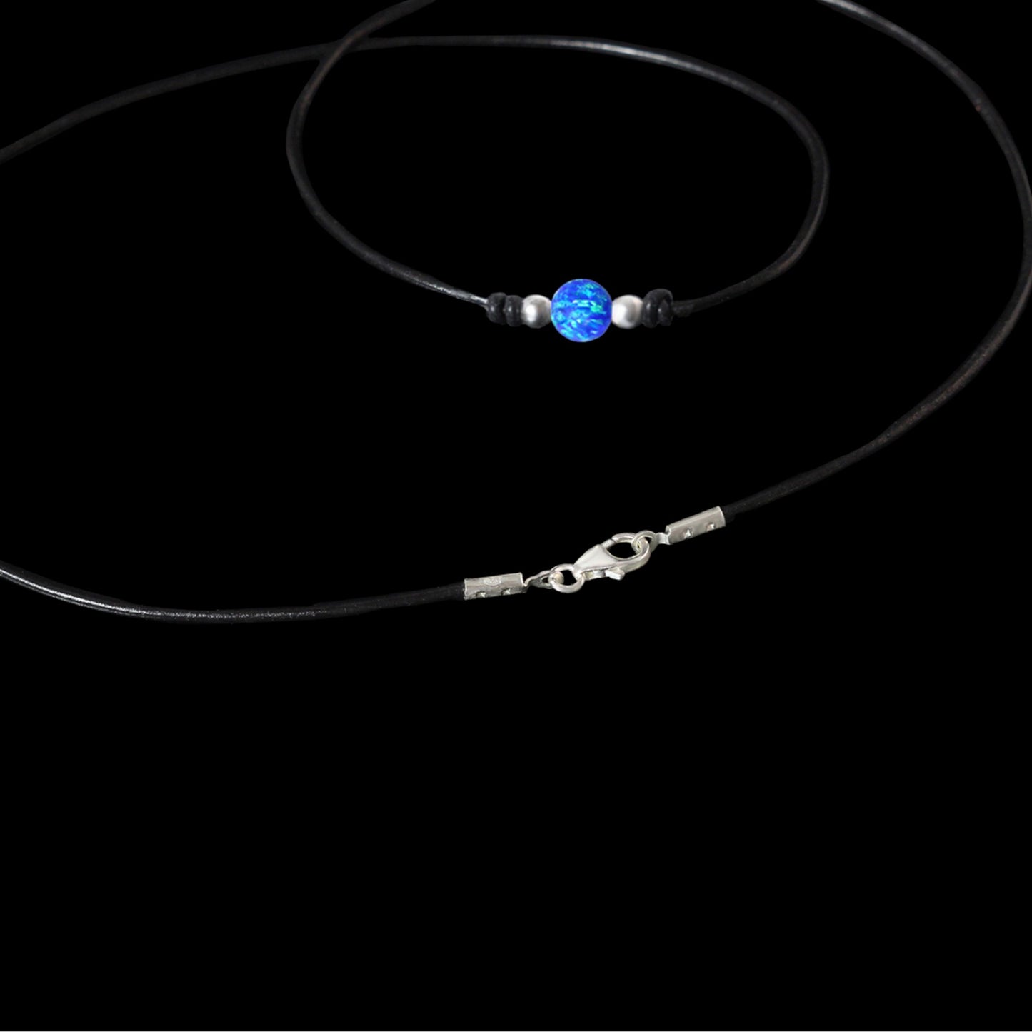 Blauer Opal Halskette – 8 mm Rundanhänger mit 925 Sterling Silber & Echtlederband | Handgefertigter Choker für Damen