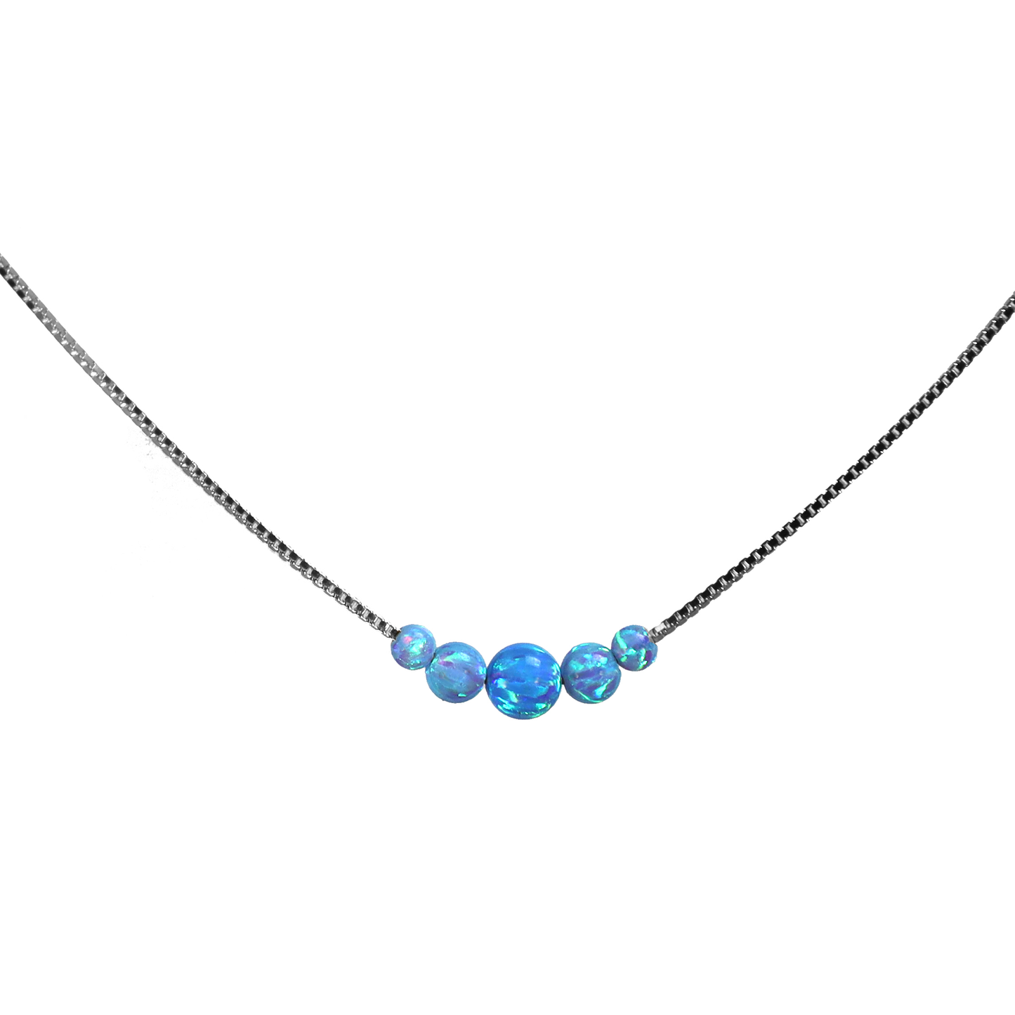 Opal Collier Blau – Feine Venezianerkette mit 5 weißen Opal Perlen