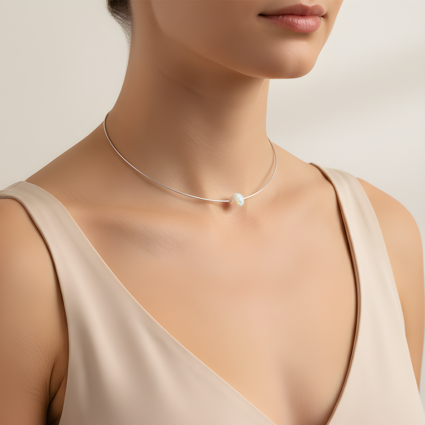 Omega Halskette mit weißem Opal (8 mm, AAA-Qualität) – 925 Silber, weiß rhodiniert | Licht & Harmonie