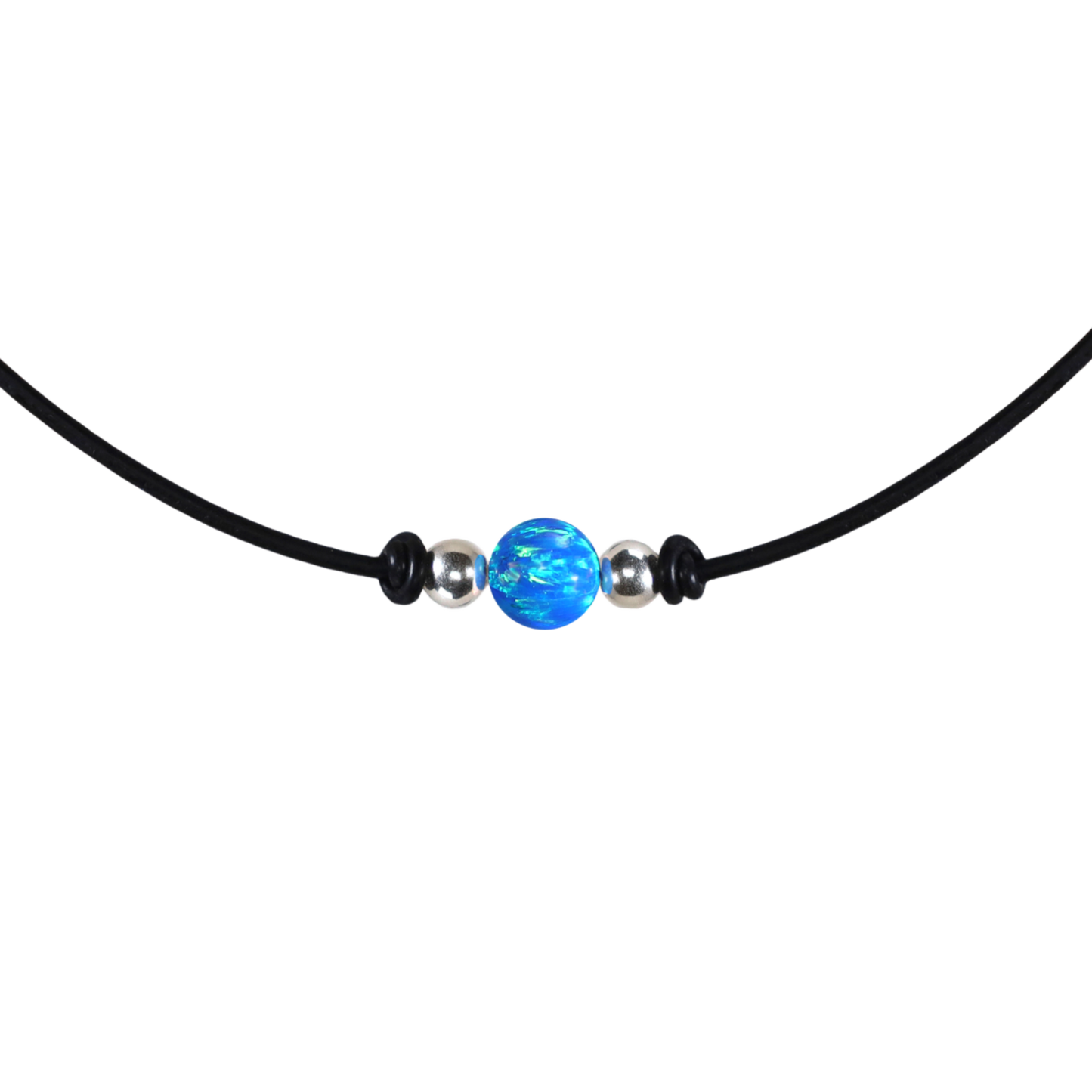 Blauer Opal Halskette – 8 mm Rundanhänger mit 925 Sterling Silber & Echtlederband | Handgefertigter Choker für Damen