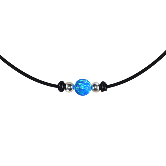 Blauer Opal Halskette – 8 mm Rundanhänger mit 925 Sterling Silber & Echtlederband | Handgefertigter Choker für Damen