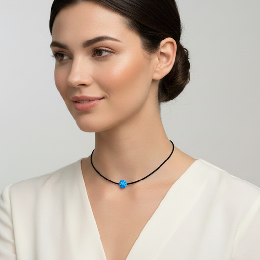 Damen-Choker aus Ziegenleder mit blauem Opal (8 mm) mit 925 Sterling-Silber Karabinerverschluss | Länge wählbar