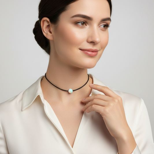 Damen-Choker aus Ziegenleder mit weißem Opal (8 mm) mit 925 Sterling-Silber Karabinerverschluss | Länge wählbar