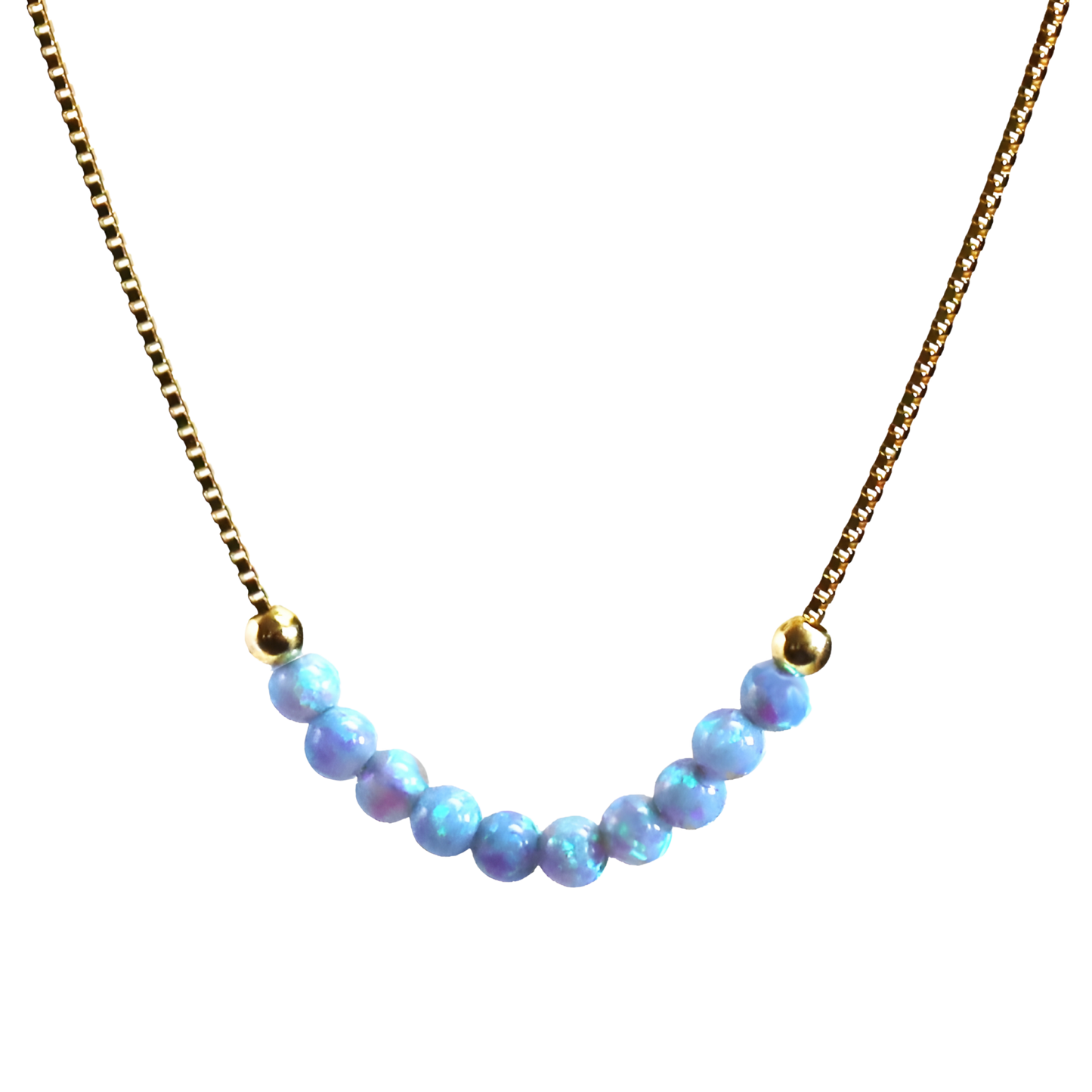 Hauptbild (Gold auf Weiß): „Edellis Opal-Perlenhalskette in Gold Filled – 10 hellblaue 3 mm Opale auf Venezianer-Boxkette, Frontansicht auf weißem Hintergrund“