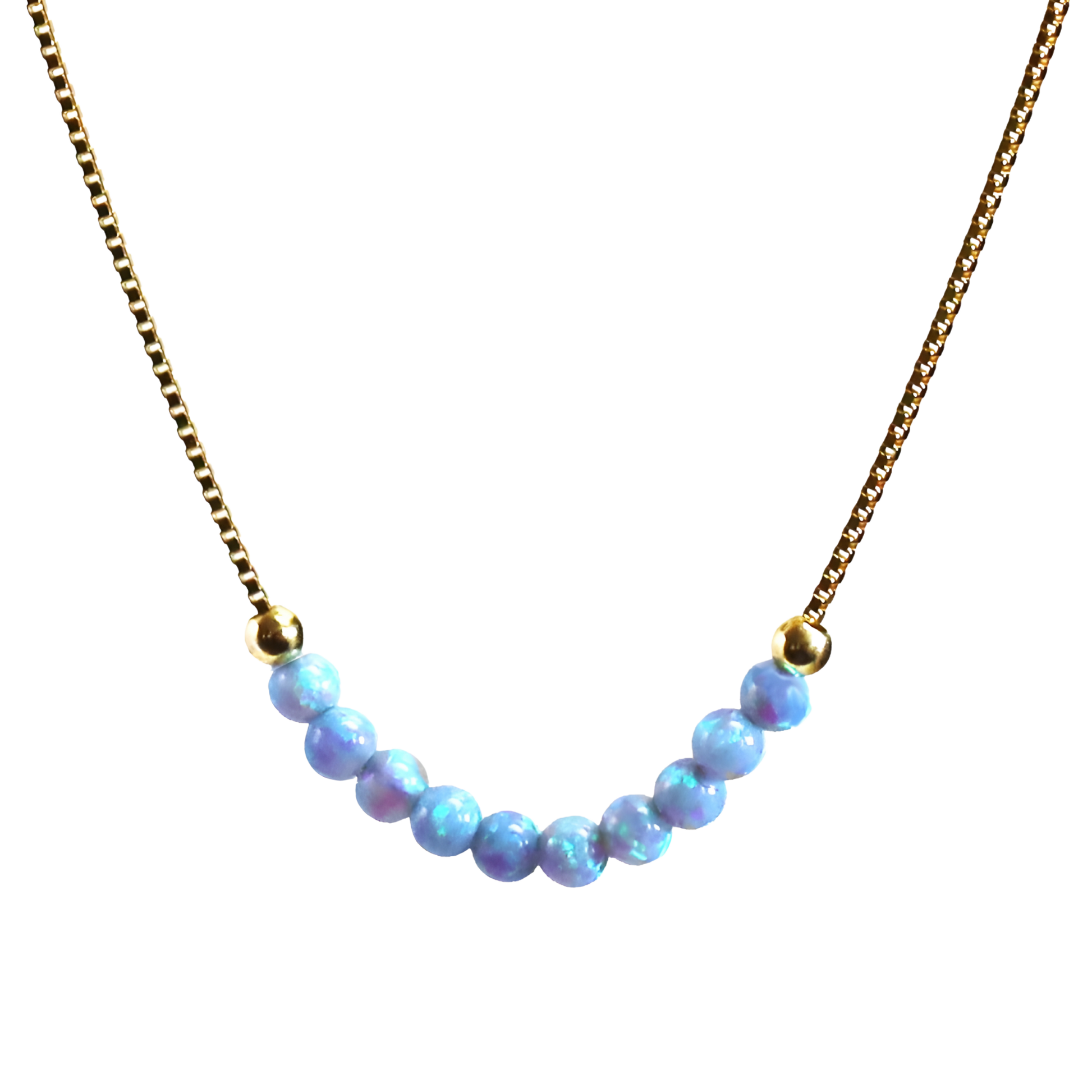 Hauptbild (Gold auf Weiß): „Edellis Opal-Perlenhalskette in Gold Filled – 10 hellblaue 3 mm Opale auf Venezianer-Boxkette, Frontansicht auf weißem Hintergrund“