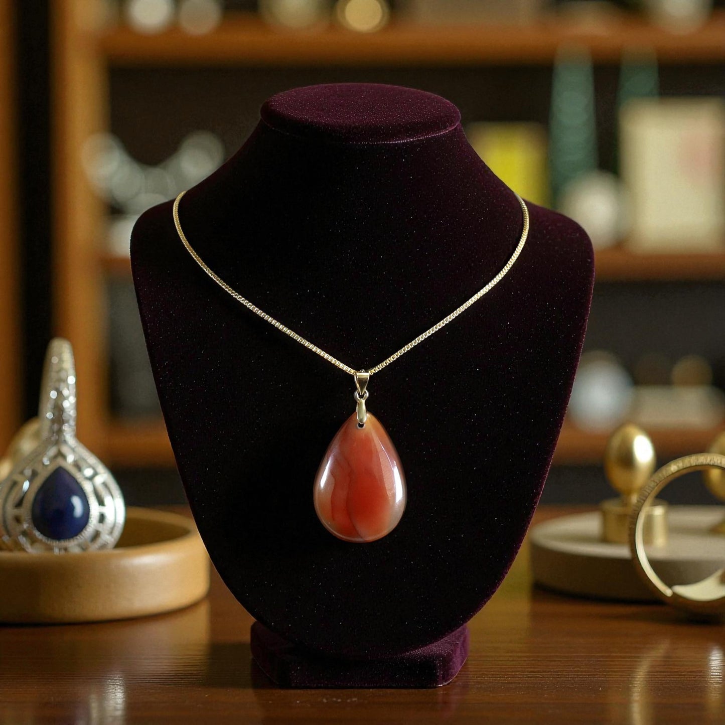 Roter Achat Tropfenanhänger mit Goldkette, Edellis Präsentation