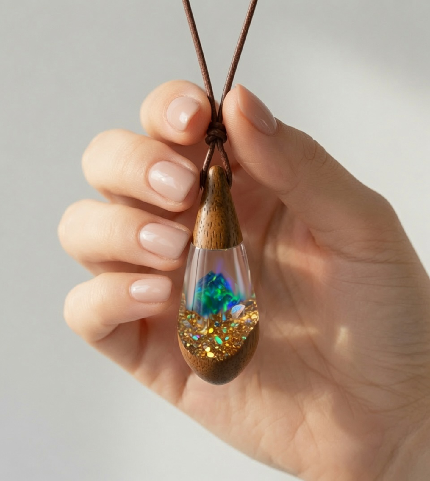 Halskette mit tropfenförmigem Anhänger aus schwarzem Opal & Akazienholz