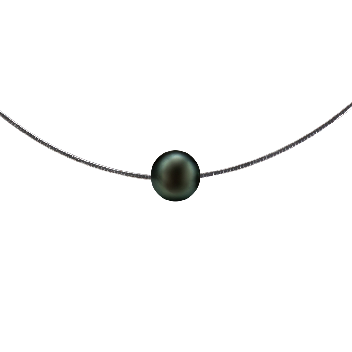 Tahiti-Perlen Omega Halskette (8–9 mm) – 925 Sterling Silber, weiß rhodiniert | „Schwebende Perle“, Farbe Pfau | 42/45 cm