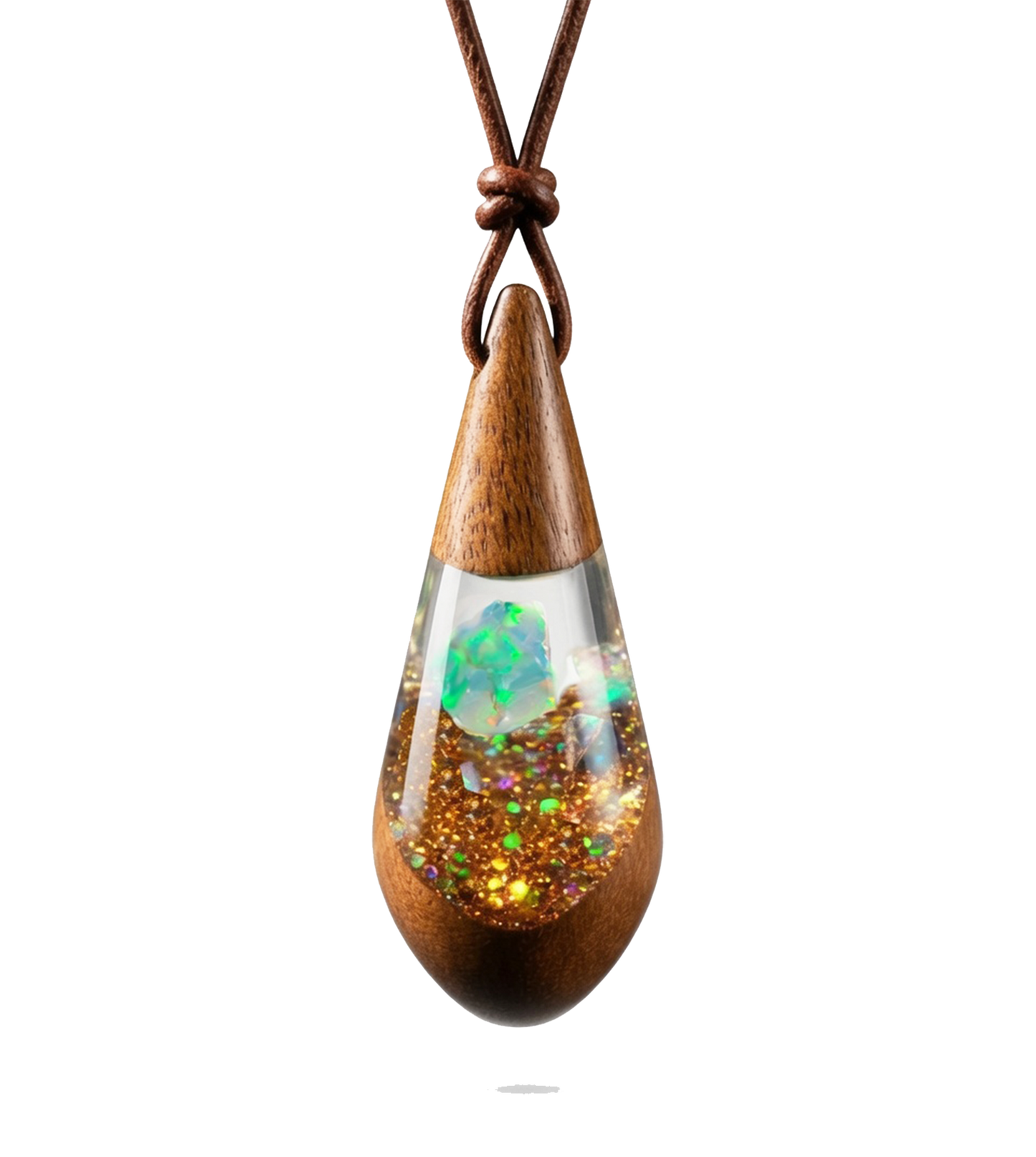 Haiskette mit Anhänger in Tropfenform aus Akazienholz & weißem Welo-Opal