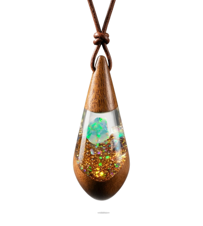 Haiskette mit Anhänger in Tropfenform aus Akazienholz & weißem Welo-Opal