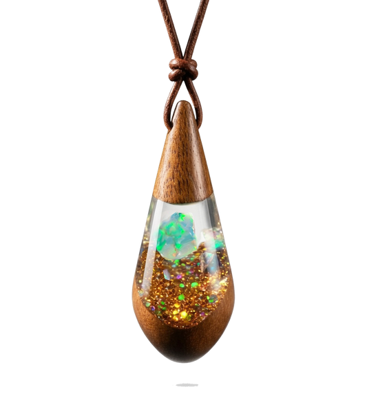 Haiskette mit Anhänger in Tropfenform aus Akazienholz & weißem Welo-Opal