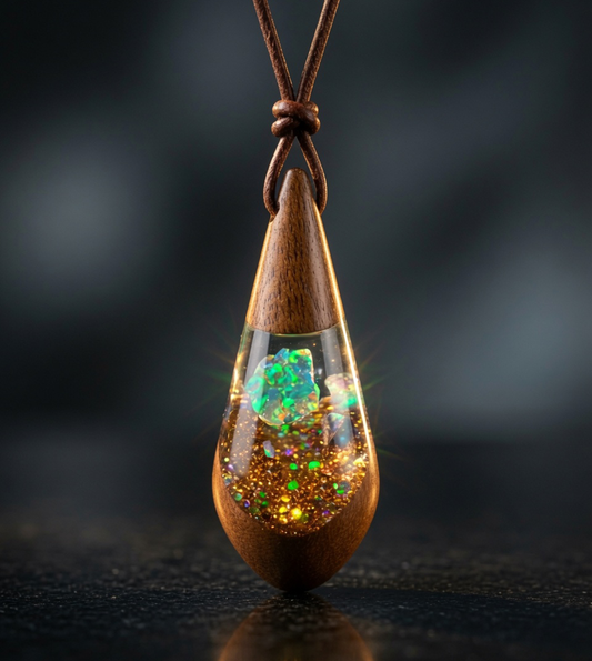 Haiskette mit Anhänger in Tropfenform aus Akazienholz & weißem Welo-Opal