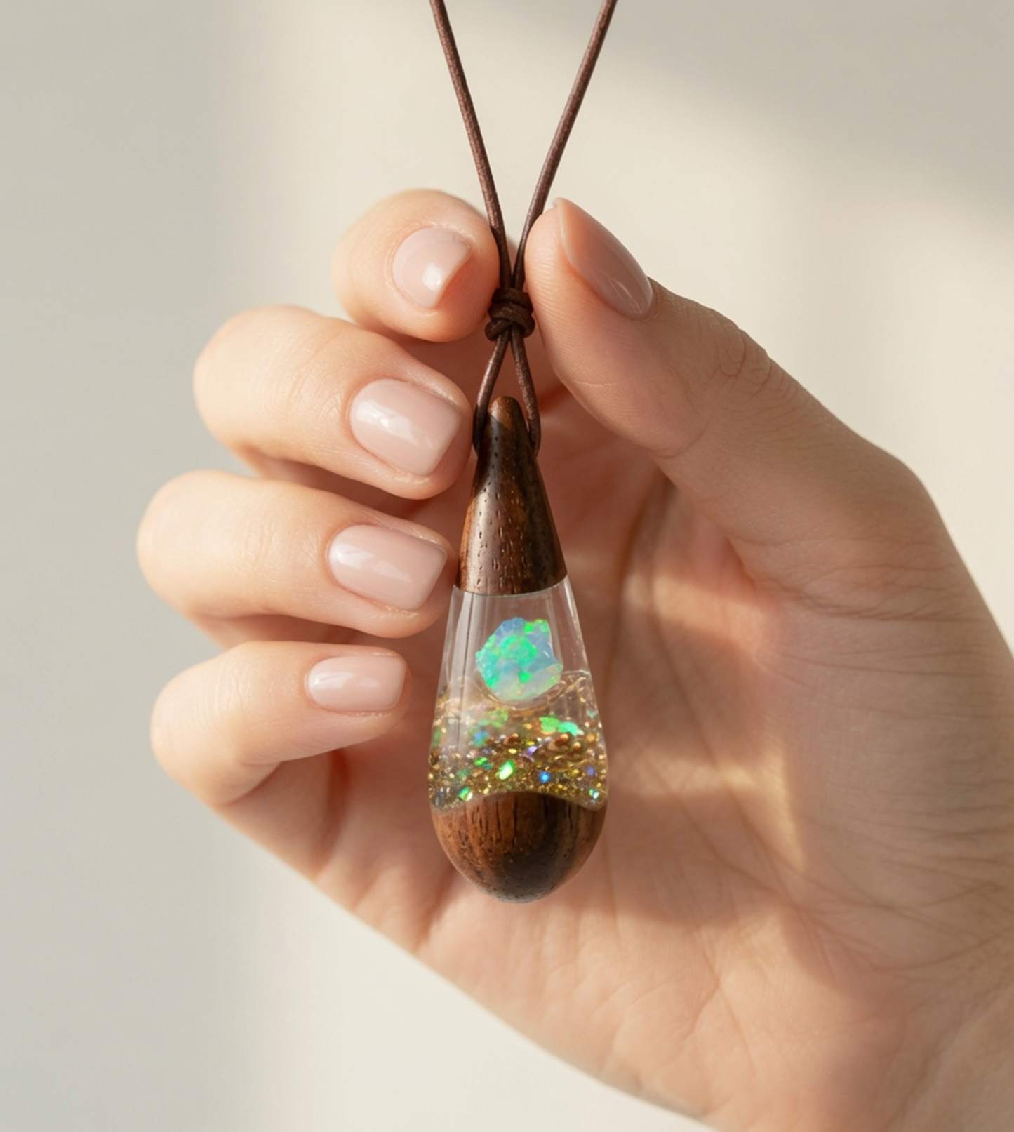Haiskette mit Anhänger in Tropfenform aus Akazienholz & weißem Welo-Opal