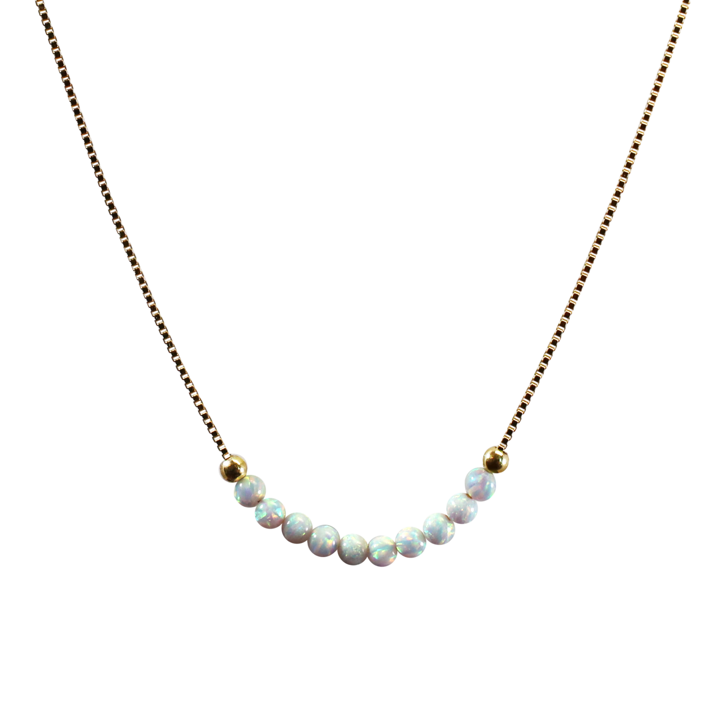 Edellis Weißer Opal-Perlen Halskette – vergoldete 925 Boxkette mit 3 mm Opalen, Frontansicht