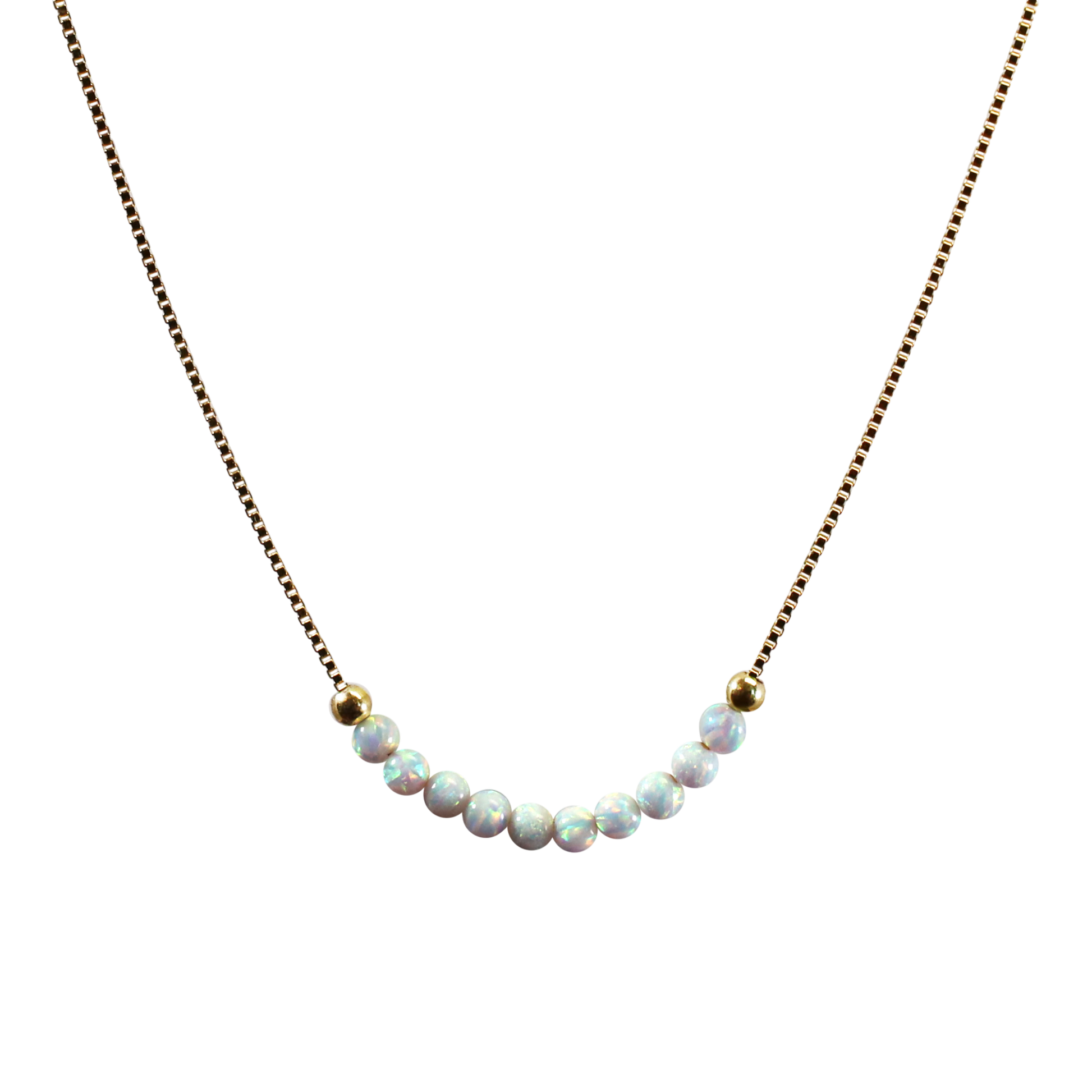 Edellis Weißer Opal-Perlen Halskette – vergoldete 925 Boxkette mit 3 mm Opalen, Frontansicht