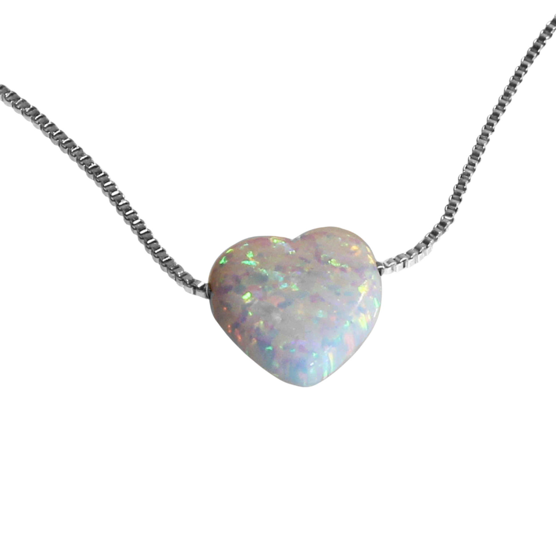 Weißer Opal Herzanhänger mit Venezianer-Boxkette in Sterling Silber