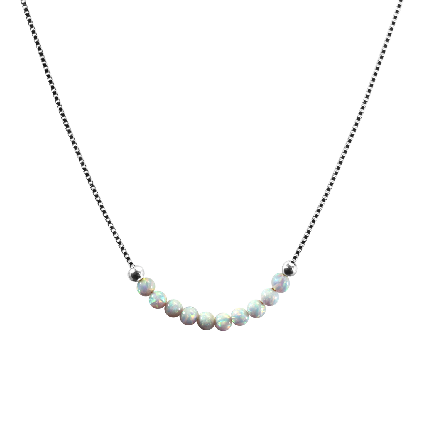 Weißer Opal-Perlen Halskette (3 mm) – Vergoldete oder Weiß Rhodinierte 925 Sterling Silber Box Chain