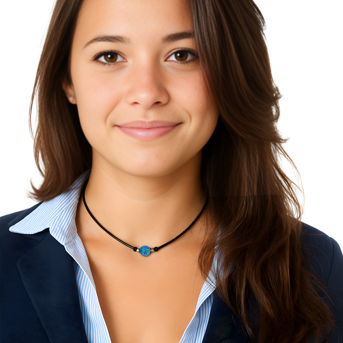 Blauer Opal Halskette – 8 mm Rundanhänger mit 925 Sterling Silber & Echtlederband | Handgefertigter Choker für Damen