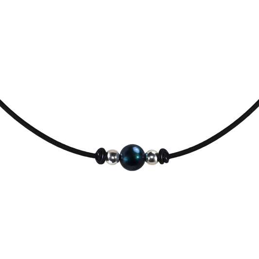 Schwarze Tahiti-Perlen Halskette – Ziegenleder & 925 Silber (9mm)