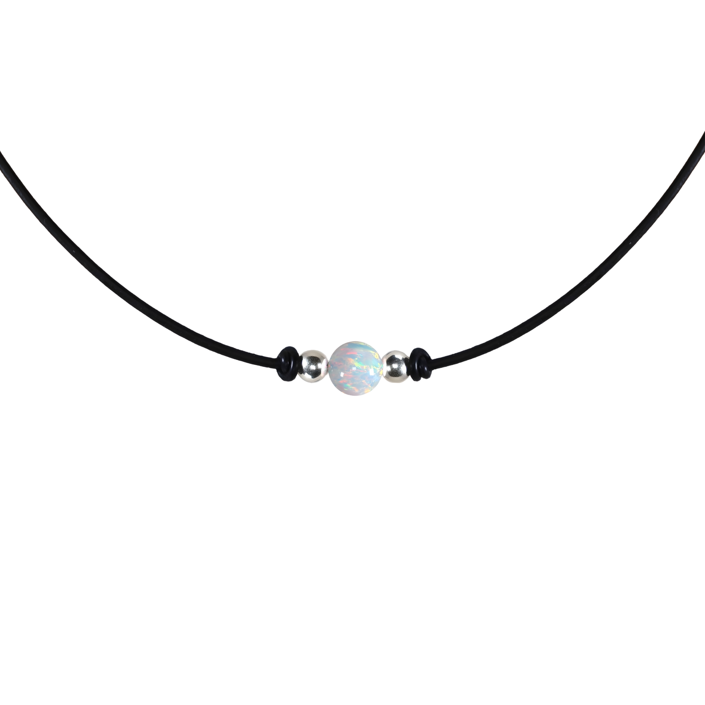 Weißer Opal Halskette aus Sterling Silber & Ziegenleder