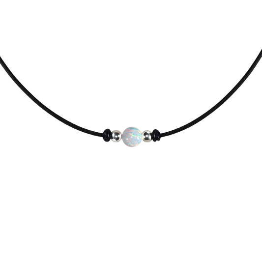 Weißer Opal Halskette aus Sterling Silber & Ziegenleder