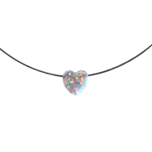 Omega-Halskette „Heart of Opal“ – Weißer Herz-Opal (12 mm) | 925 Silber, rhodiniert
