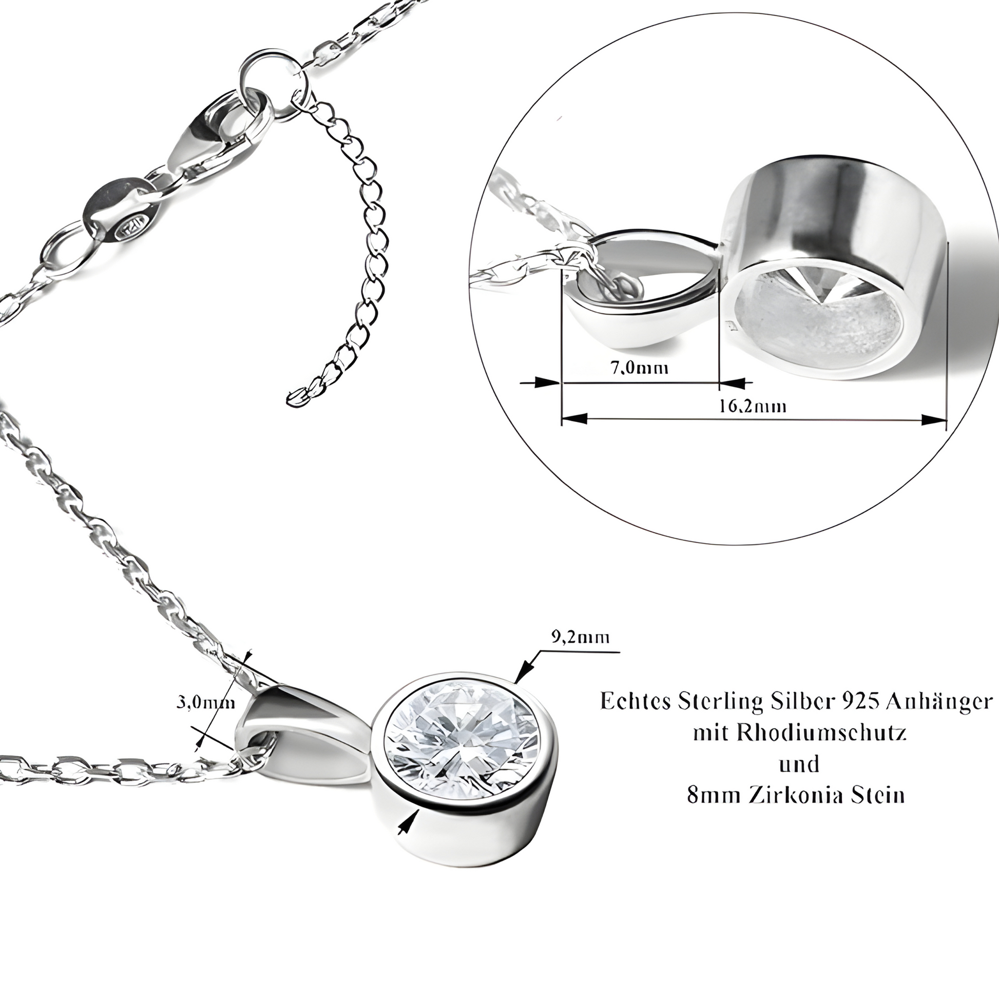 Detailmaße des 925 Silber Anhängers mit 8 mm Zirkonia
