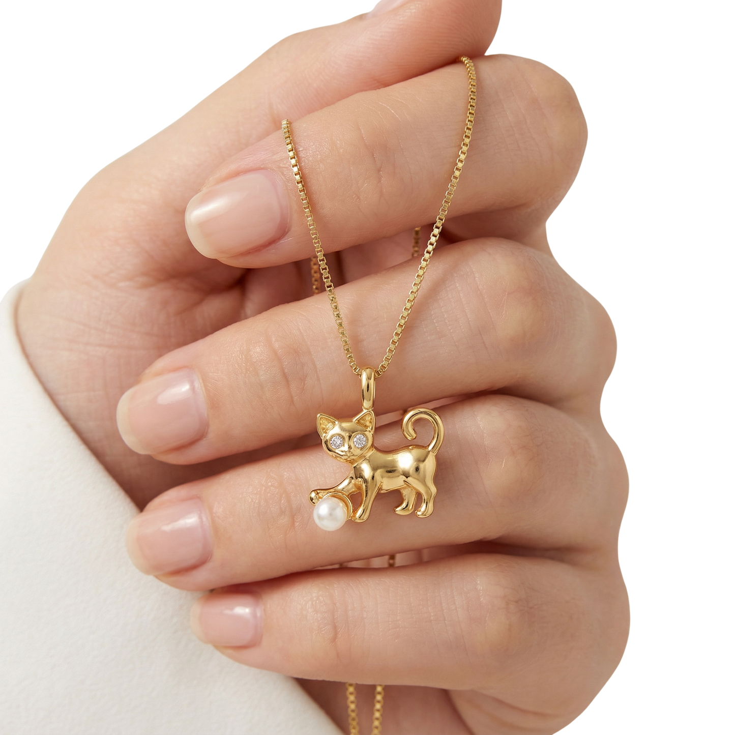 Zirkonia Perlen Anhänger Halskette in Katzenform aus 14K Gold Filled