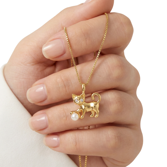 Zirkonia Perlen Anhänger Halskette in Katzenform aus 14K Gold Filled