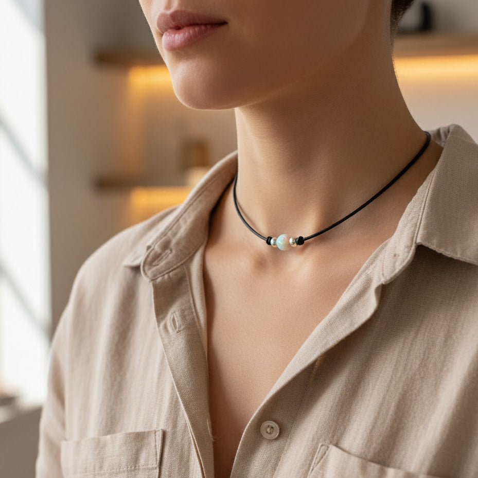 Weißer Opal Halskette aus Sterling Silber & Ziegenleder