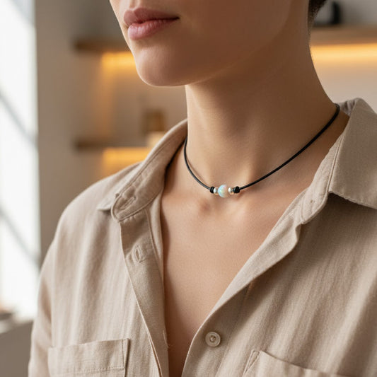 Weißer Opal Halskette aus Sterling Silber & Ziegenleder