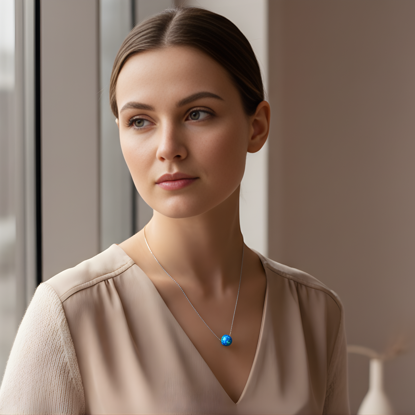 Edellis Blaue Opal Kugel Halskette mit 925 Sterling Silber Venezianer Box Kette | Schwebender Opal Anhänger | Länge 42–48 cm