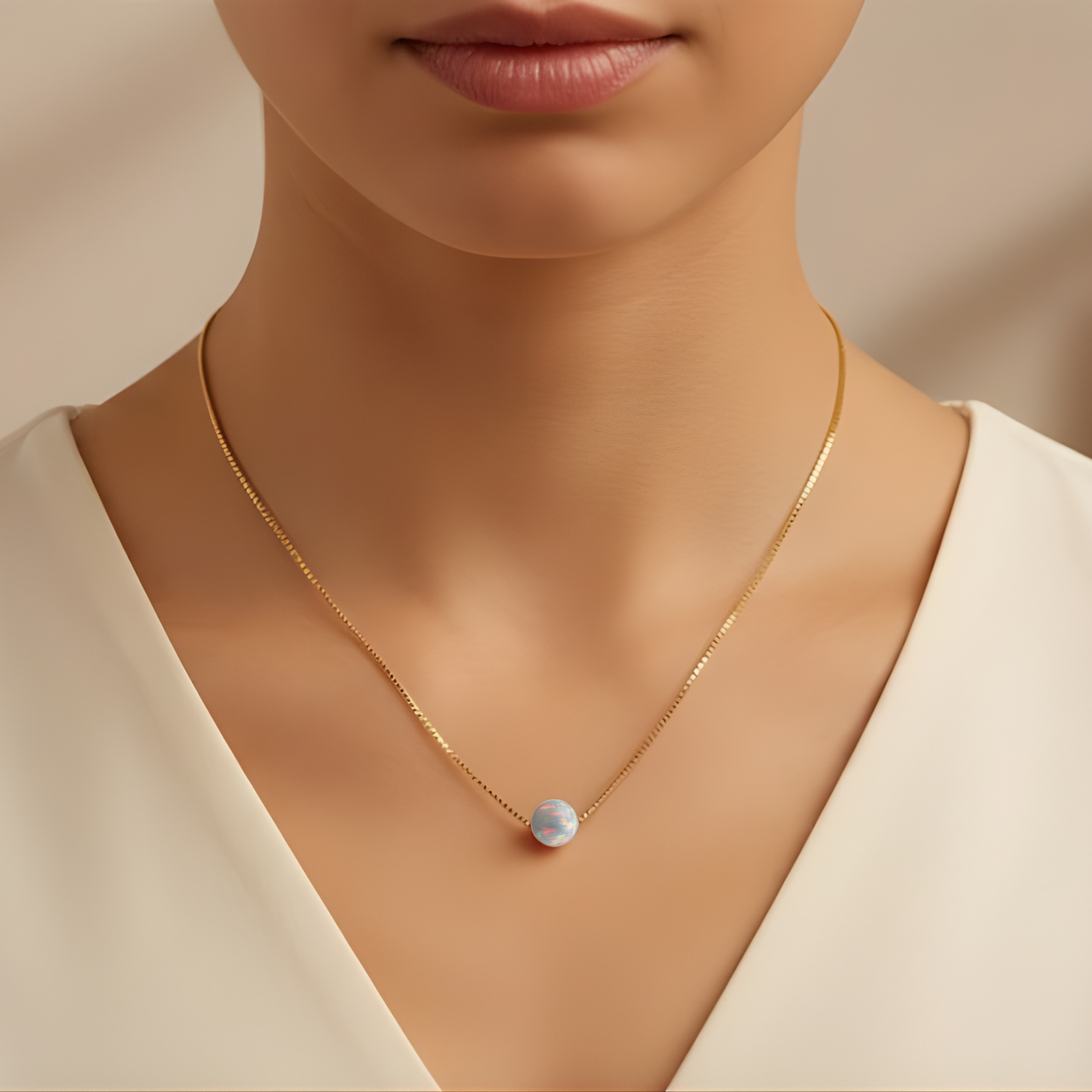 Halskette mit Weißem Opal 8 mm – 14 Karat Gold Gefüllt | Minimalistische Opal-Perlen-Kette