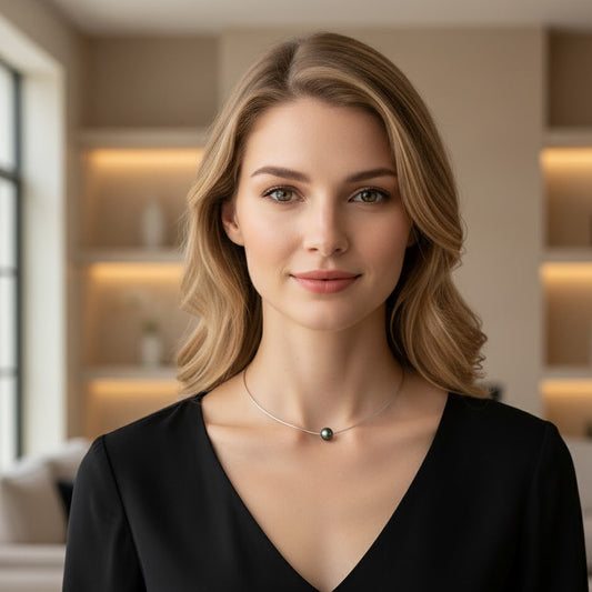 Tahiti-Perlen Omega Halskette (8–9 mm) – 925 Sterling Silber, weiß rhodiniert | „Schwebende Perle“, Farbe Pfau | 42/45 cm